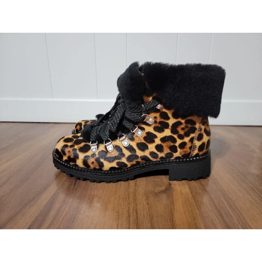J. Crew Nordic Boots Womens 8 Leopard NEW Haircalf Sheep Fur Lining Lug Sole